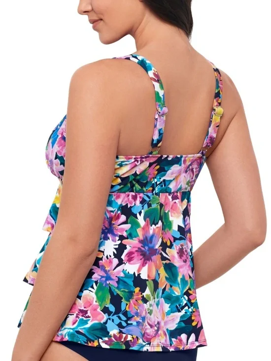 Swim Solutions Women's Garden Swan Triple-Tiered Tankini,Navy Multi - Picture 2 of 3